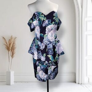 Vintage 90s Peplum Midi Dress Size 10 Blue Garden Party Off the Shoulder